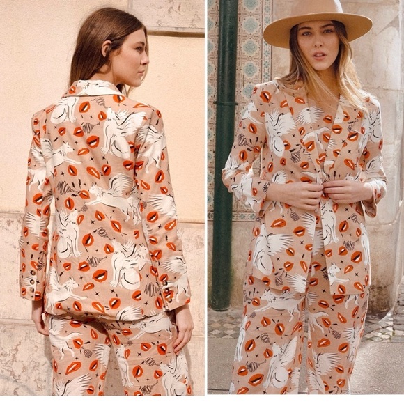 LAS SURENAS Wolf Kisses Lip Amore Print Single Button Linen Loose Fit Blazer - Picture 4 of 16